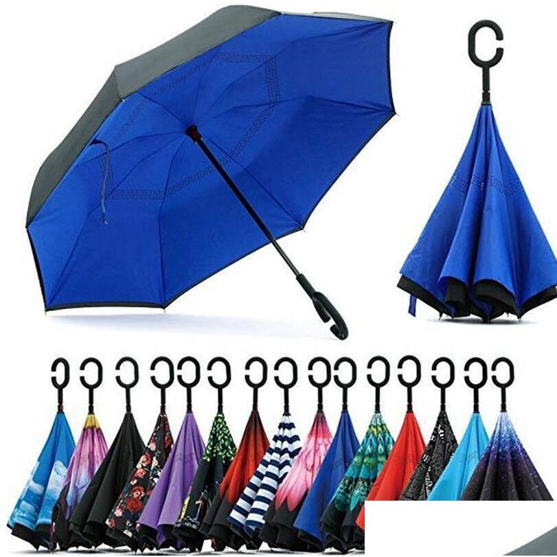 

Umbrellas Reverse C Handle Umbrella Windproof Reverses Sunsn Rain Protection Fold Doublelayer Inverted Household Sundry Rains Gear S Dh1Sj, Randomly sended colors random dlivey