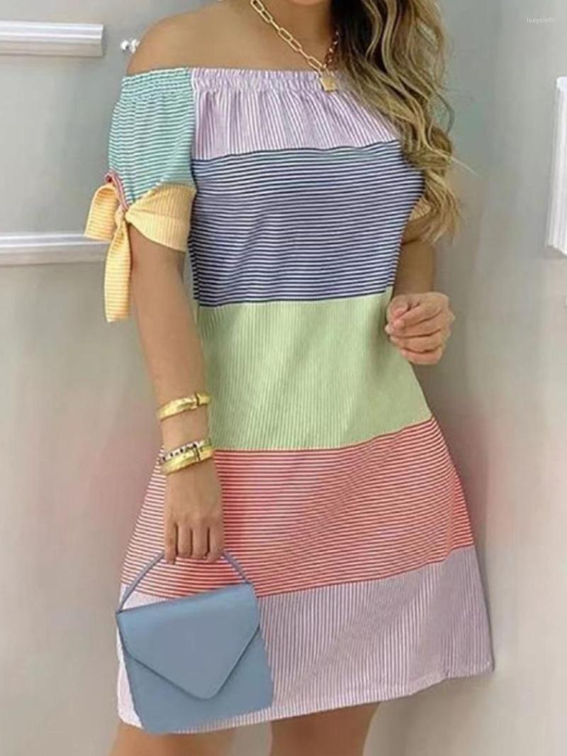 

Plus Size Dresses LW Mini Dress Off The Shoulder Striped Bandage Design Summer Sexy Short Sleeve Bow Floral Print, Multi