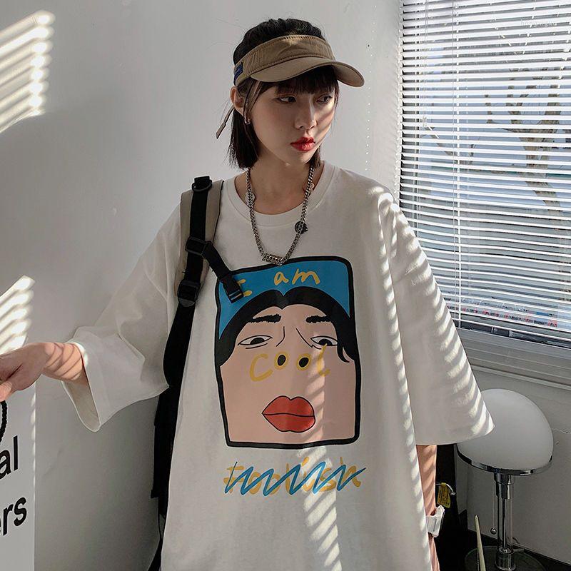 

Women's T Shirts MINGLIUSILI Prints Of Funny Characters Short Sleeve T-shirt For Women Loose All-match Hong Kong Style Beautiful Oversized, White
