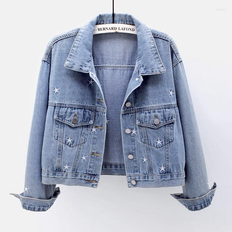

Women' Jackets Vintage Denim Jacket Women Short 2023 Spring Autumn Star Embroidery Wild Long-Sleeved Jeans Coat Female Loose Clothes H1971, Blue