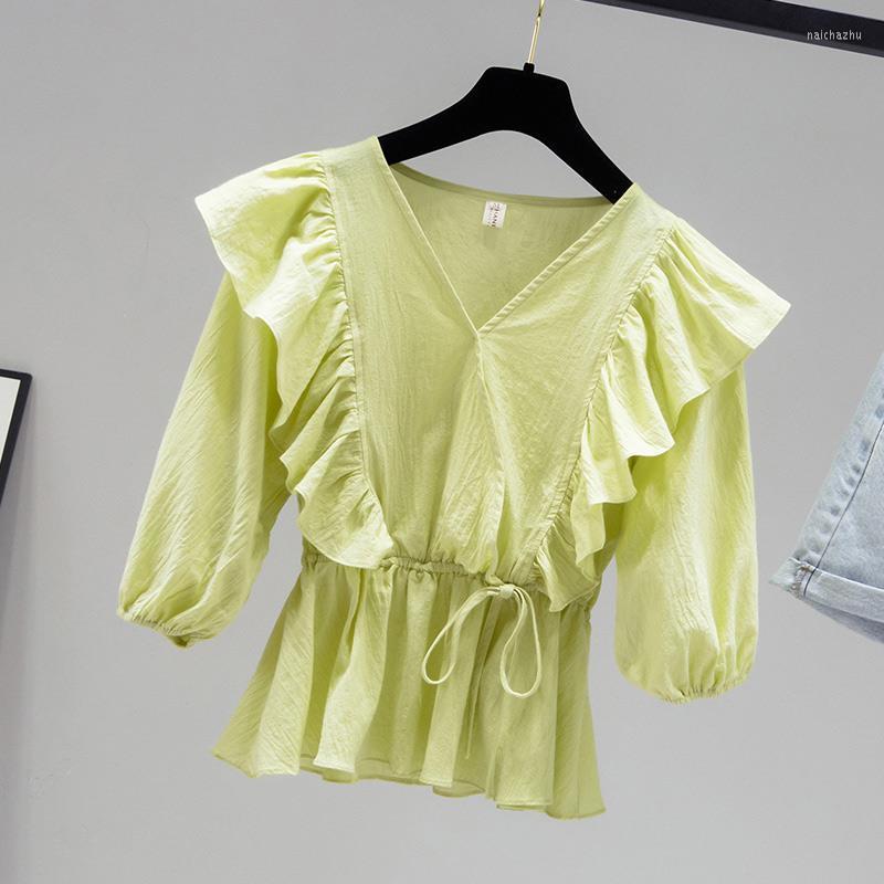 

Women's Blouses Fashion V-Neck Spliced Bandage Bow Shirring Ruffles Blouse Women's Clothing 2023 Summer Casual Pullovers Loose Sweet, Green
