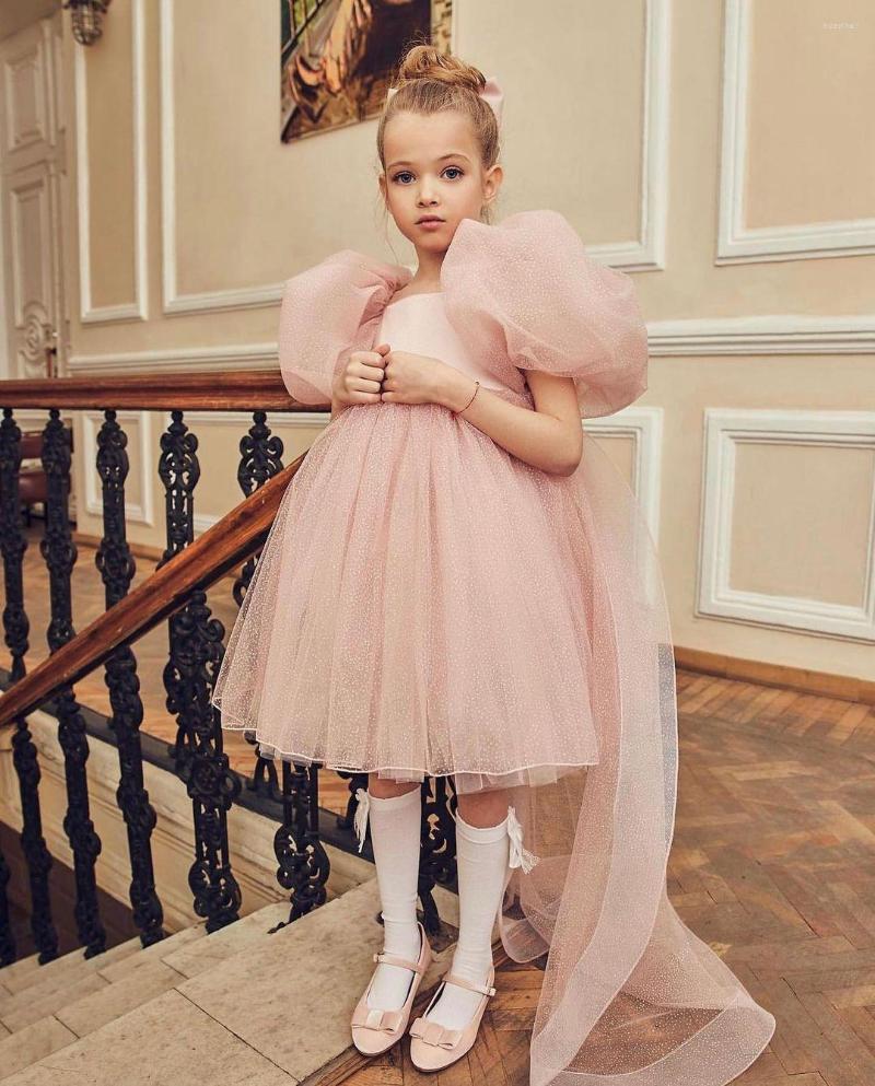 

Girl Dresses Gardenwed Flower Dress O-Neck Puffy Sleeves Princess Floor Length Child Party Birthday Gown, Champagne