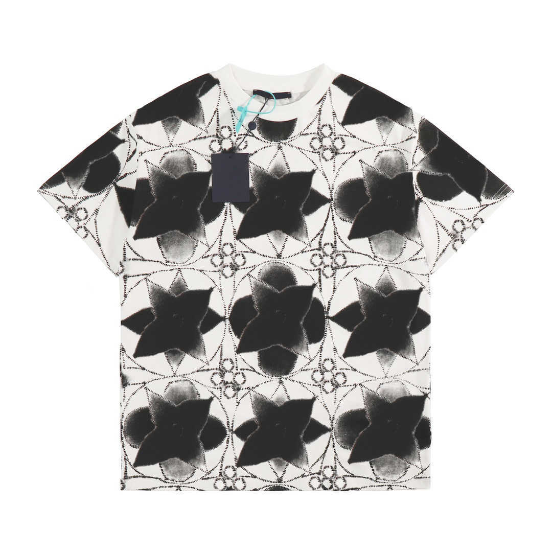 

High Edition Lvjia Ink Printing And Dyeing All Over Cotton Loose OS Sexless Couple Wear Short Sleeve For Women Men T-shirt Fashion, White (black print)