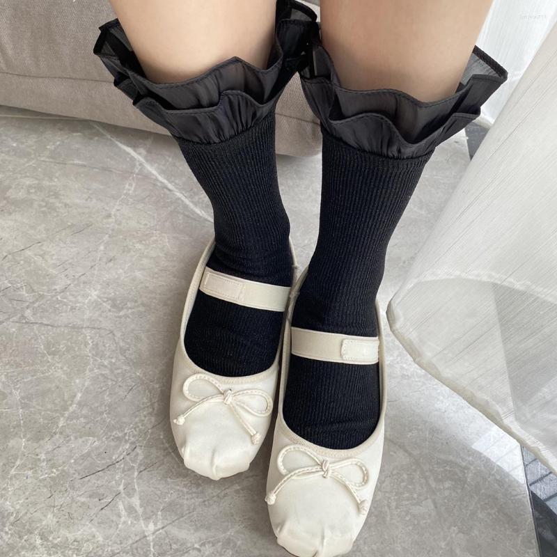 

Women Socks 2023 Pleated Lace Organ Gold Thread Womens, Black