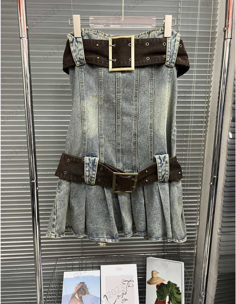 

Designer Dresses Double Breasted Port Canvas Belt Embellished High-waisted Denim Dress Double Belt Design Sleeveless Strapless Maxiskit Dresses For Woman 1970