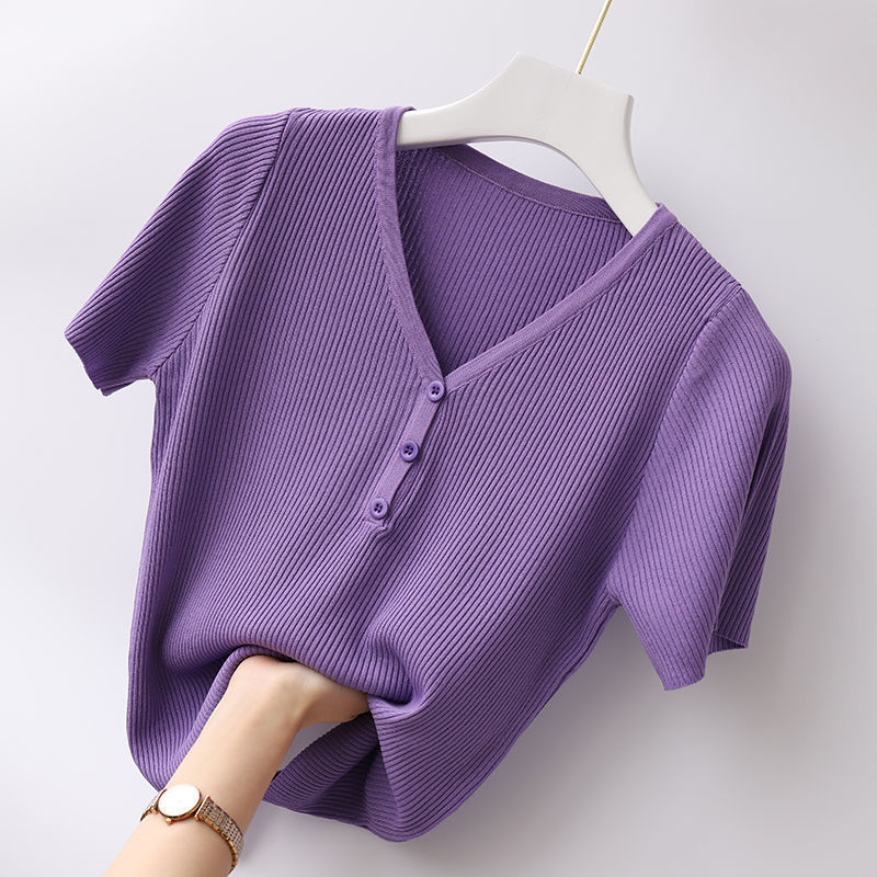 

Women' T-Shirt Casual Knitted Short Sleeve T-shirt for Women' Summer Outer Bottoming Tops V-neck Solid Button Slim Knit Sweater Tees 230414, Purple