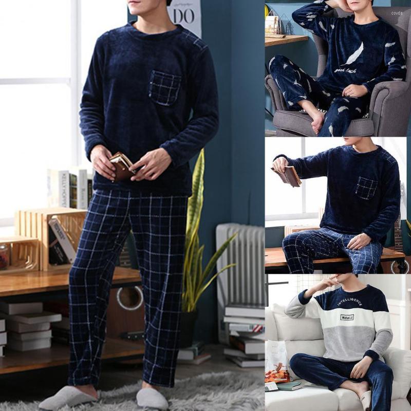 

Men's Sleepwear 2 Pcs/Set Men Suit Loose Pullover Round Neck Pajama Sets Thick Soft Flannel Clothing Homewear Clothes, Navy blue