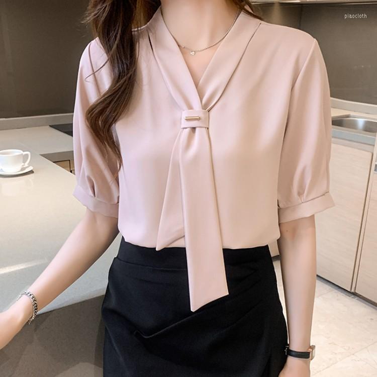 

Women' Blouses Summer Vintage Women Chiffon Shirt 2023 Elegant Bow V-Neck Short Sleeve Ladies Office OL Loose Shirts Tops Blusas, Pink