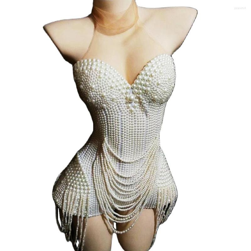 

Stage Wear Singer Drag Queen Outfit White Pearls Sleeveless Beading Sexy Bodysuit Women Party Nightclub Costumes Prom Dance Wears, Bodysuits