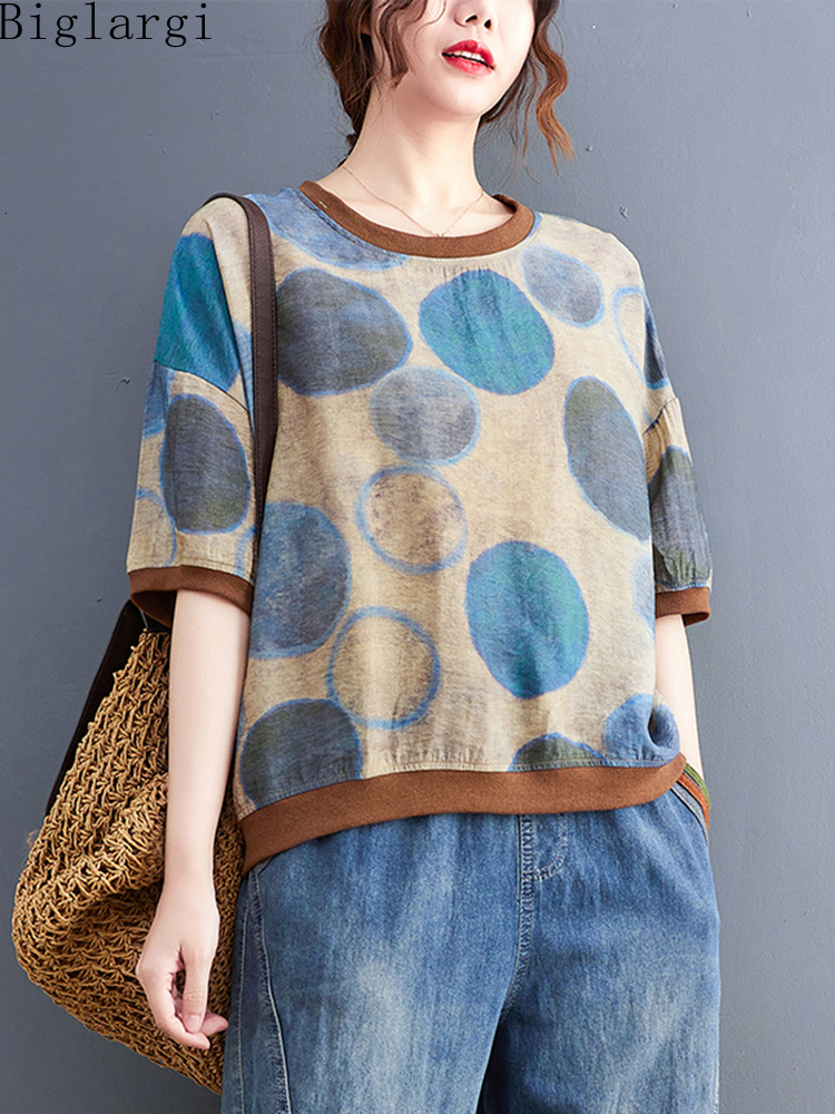 

Women's T-Shirt Oversized Summer Polka Dot T Shirt Women Casual Loose Big Size T-Shirt Korean Ladies Chic Woman Cotton and Hemp Tshirt 230414, Coffee tshirt