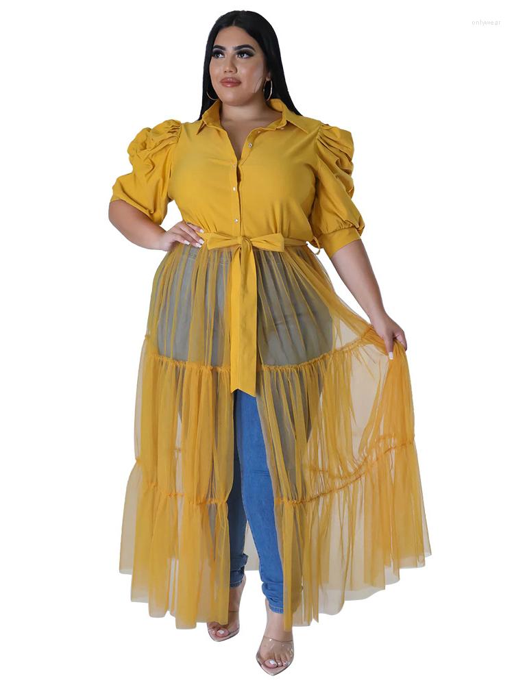 

Plus Size Dresses Shirt Dress Women Lace Up Empire Puff Sleeve Robes Summer Mesh Patchwork Streetwear Oversize Long Vestidos, Black