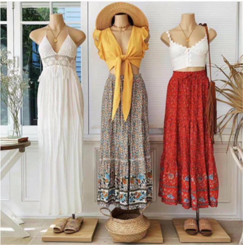

Skirts 2023 Women Red Floral Print Beach Bohemian Skirt High Elastic Waist Rayon Cotton Boho Maxi Femme, Beige