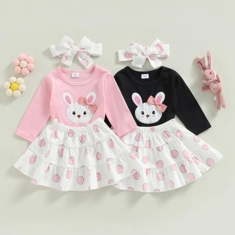 

Clothing Sets Infant Baby Girl Autumn Clothes Set Print Long Sleeve Round Neck Pullover Dot A-Line Skirt Headband, Black