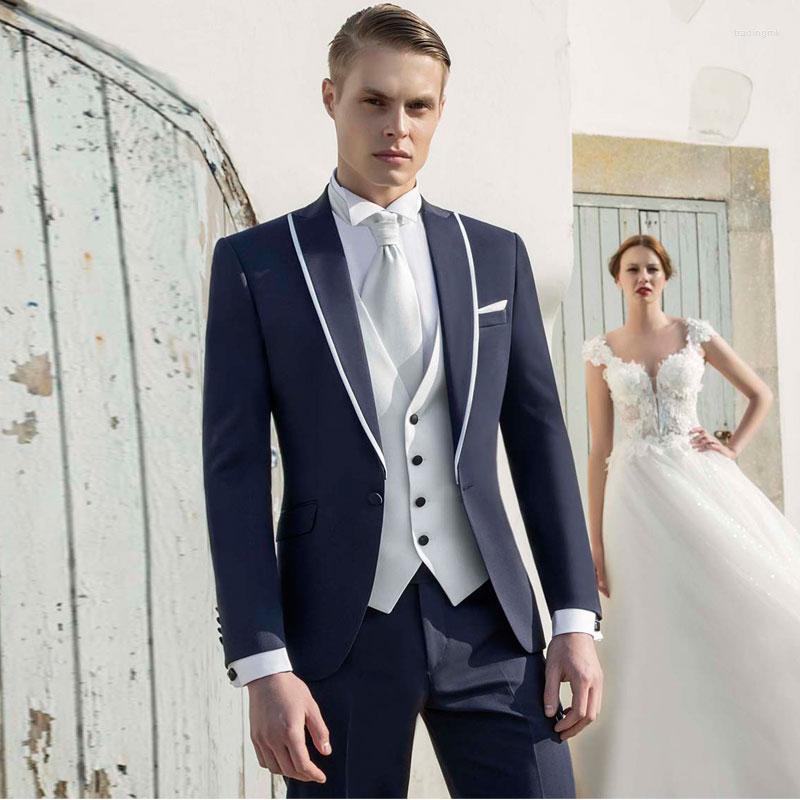 

Men's Suits Navy One Button Men Peaked Lapel Three Pieces Formal Tuxedos For Wedding Bridegroom Prom Blazers (Jacket Pants Vest), Fuchsia