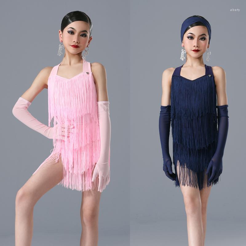 

Stage Wear Full Fringed Latin Dress Girls Dance Children Professional Kids Salsa SL8244, Blue