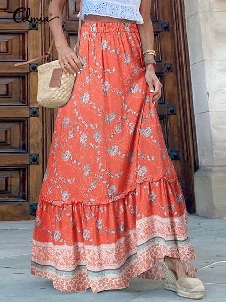 

Skirts Bohemian Maxi Skirt Celmia Summer Holiday Beach Jupe Floral Print Elastic Waist Long Faldas Vintage Stitching Ruffled Skirt 230414, Rose