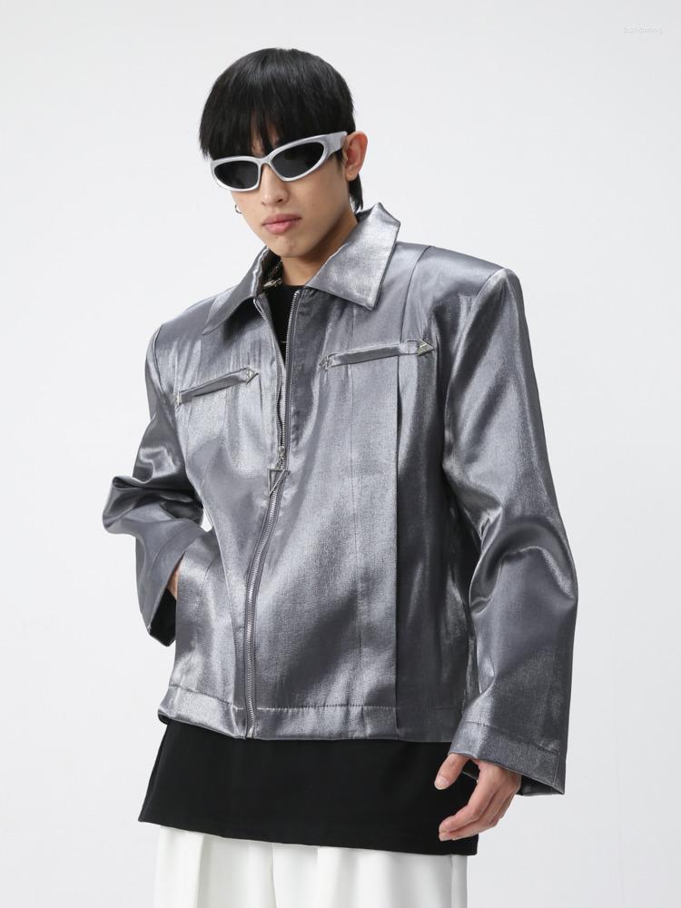 

Men's Jackets SYUHGFA Men's Wear 2023 Spring Personality Bright Loose Shoulder Pad Coat Korean Streetwear Zipper For Male, Black
