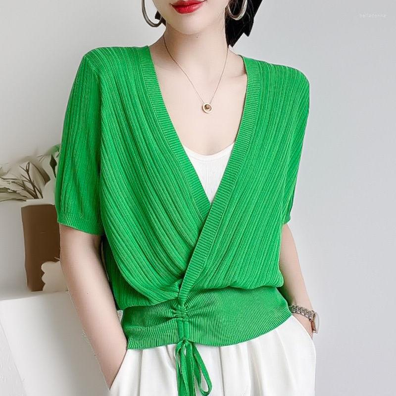 

Women's Blouses Elegant V-Neck Spliced Shirring Lace Up Bow Asymmetrical Blouse Women's Clothing 2023 Summer Casual Pullovers Korean, Pink