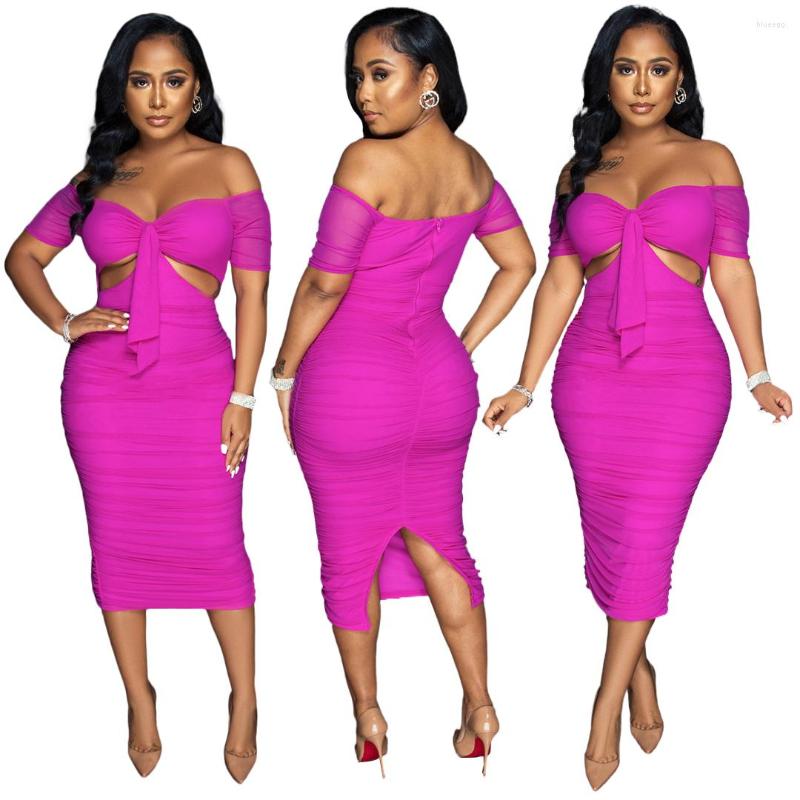 

Casual Dresses Sexy Off Shoulder Cutout Pleated Slit Mid Dress, Rose red
