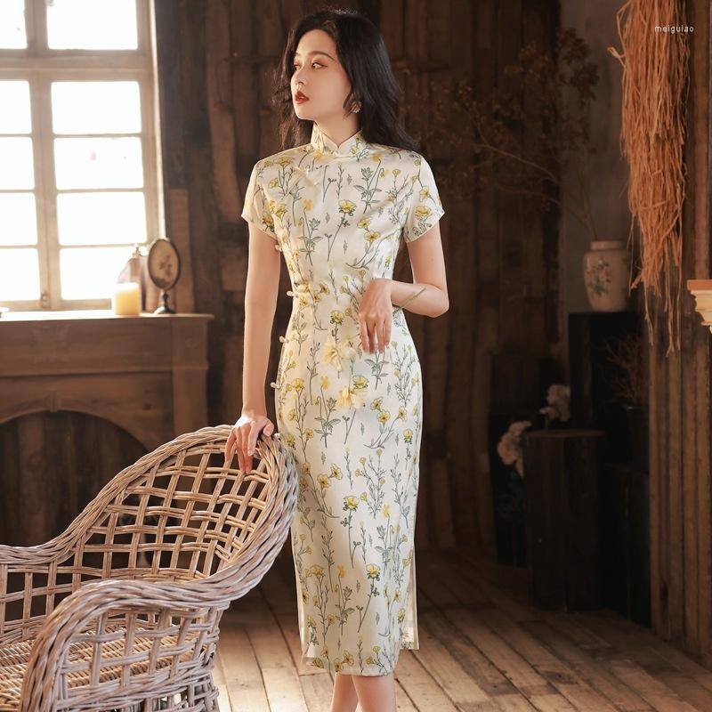 

Ethnic Clothing Sheng Coco Gentle Elegant Lady Style Short-sleeved Floral Cheongsam Summer Girls Improved Young Qipao Yellow