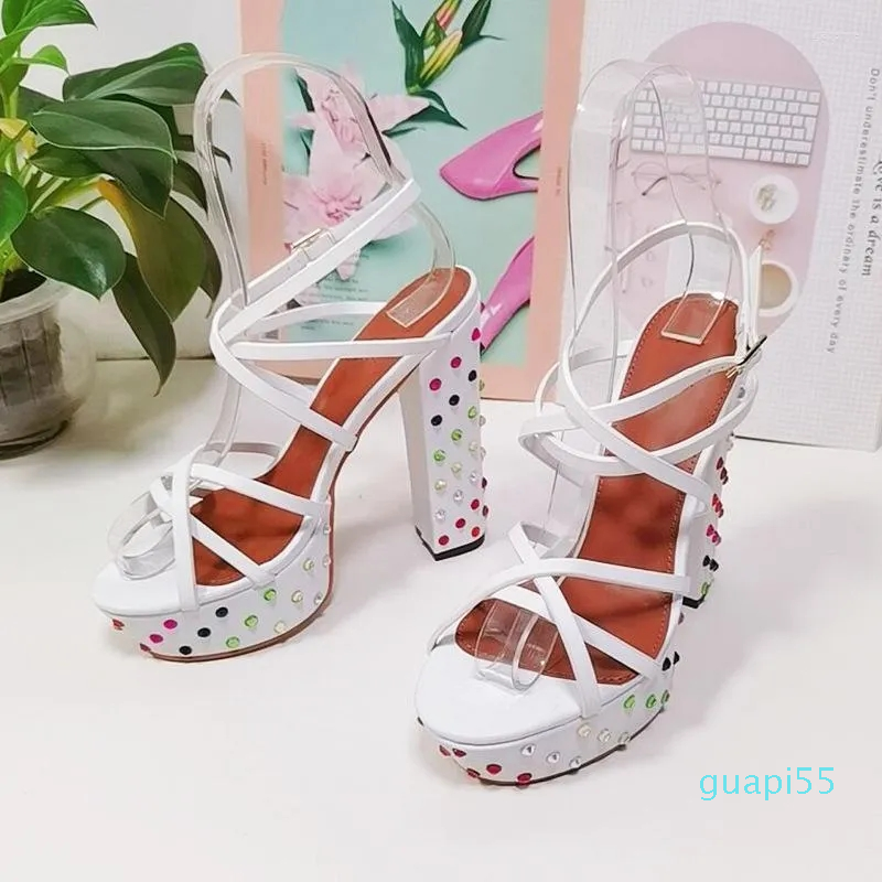 

Sandals Summer Fashion Colored Diamond Thin Belt Thick Heel High Roman Sexy Party Dress Plus Size Custom Women, White