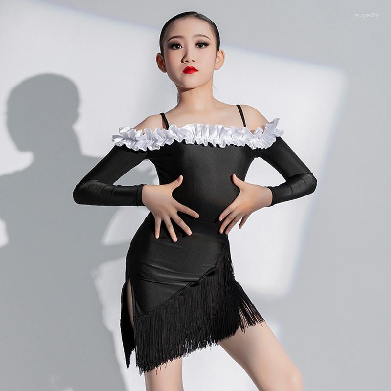 

Stage Wear Kids Latin Dance Costume Girls Black Fringed Dress Long Sleeves Practice Clothing Cha Rumba Samba Performance NV16958, Picture shown