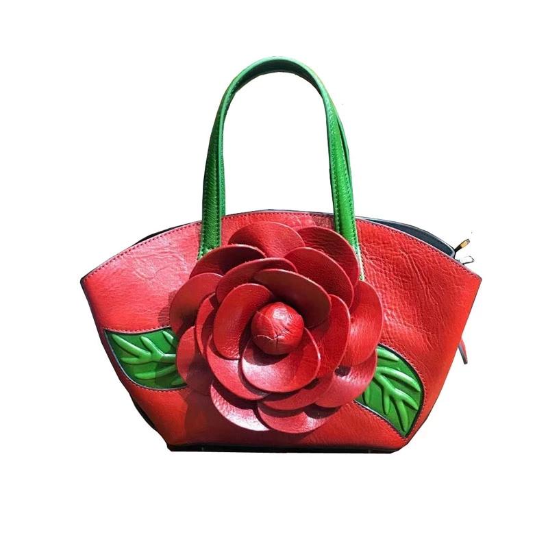 

Evening Bags Fashion Flower Bag Women Genuine Leather Handbags Luxury Women's Handbag Tote Real Cowhide, Black