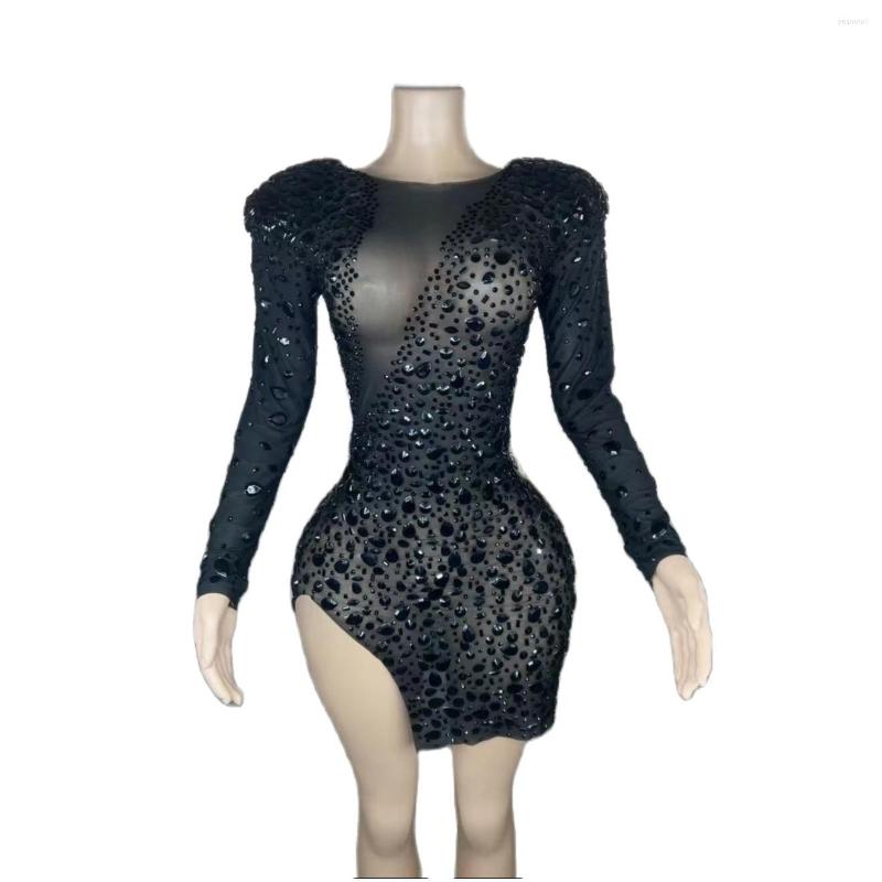 

Stage Wear Black Gauze Shining Rhinestones Long Sleeves Sexy Asymmetrical Sheath Dress For Women Prom Dance Clothing Nightclub Costumes