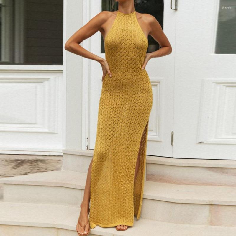 

Casual Dresses Sleeveless Halter Sexy Backless Maxi Dress Women' Knitted See Through Beachwear Summer Holiday Long Split, Black