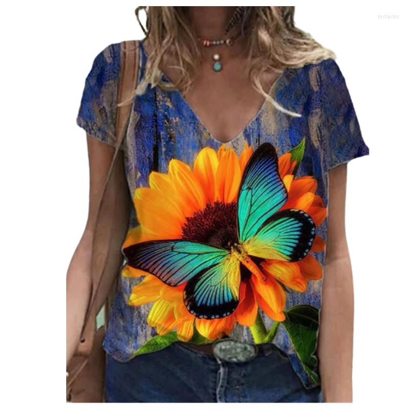 

Women' T Shirts Flower Butterfly Print Summer Shirt 2023 Women Boho Casual Short Sleeve V-Neck Loose Size Streetwear Pullovers Tops, Ols0019-2