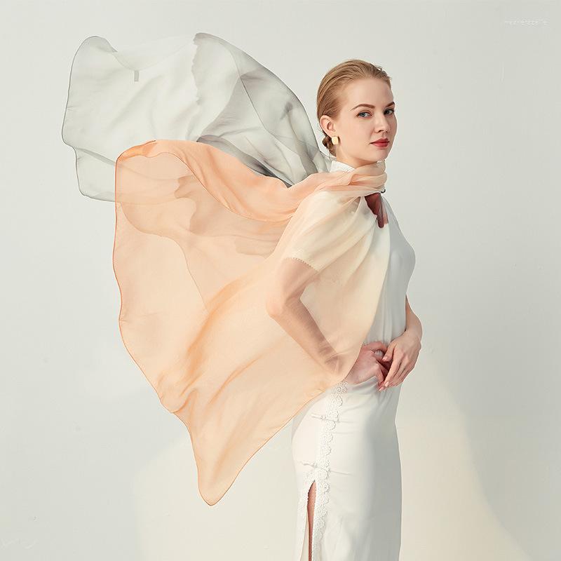

Scarves Summer 2023 Silk Chiffon Long Scarf Ink Landscape Gradient Lady Sun Protection Cape