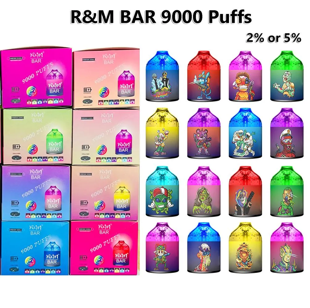 

Original R&M Bar 9000 Puff e Cigarette Disposable Vape Pen With Mesh Coil 5% 15ML Cartridge Pod Device 650Mah Rechargeable Battey Airflow Control RM Cloud Beast