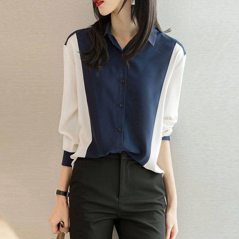 

Women' Blouses Fashion Solid Color Single-breasted Blouse Women Classic Long Sleeve Office Chiffon Casual All-match Lady Shirt 2023 E125, Navy