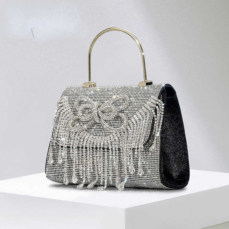 

Tassel Rhinestone designer Bag Women's Bling Hot Diamond Bowknot One Shoulder Crossbody Bag Small Metal Handbag 230318, Silver5