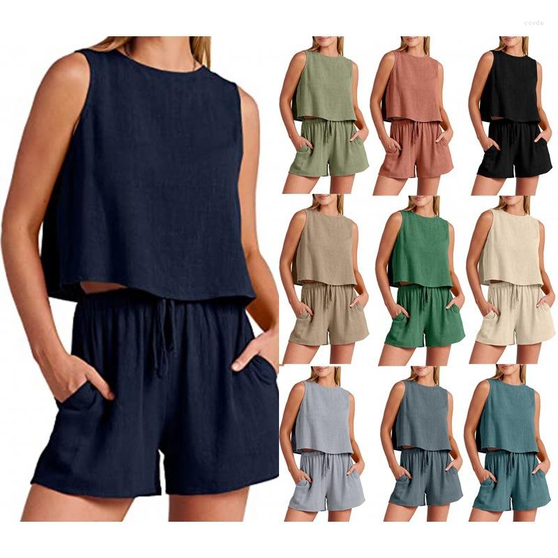 

Women's Shorts 2023 Fashion Spring/Summer Women Top Sleeveless Tank Solid Loose High Waist Casual Two Piece Set Clothing, Ivory