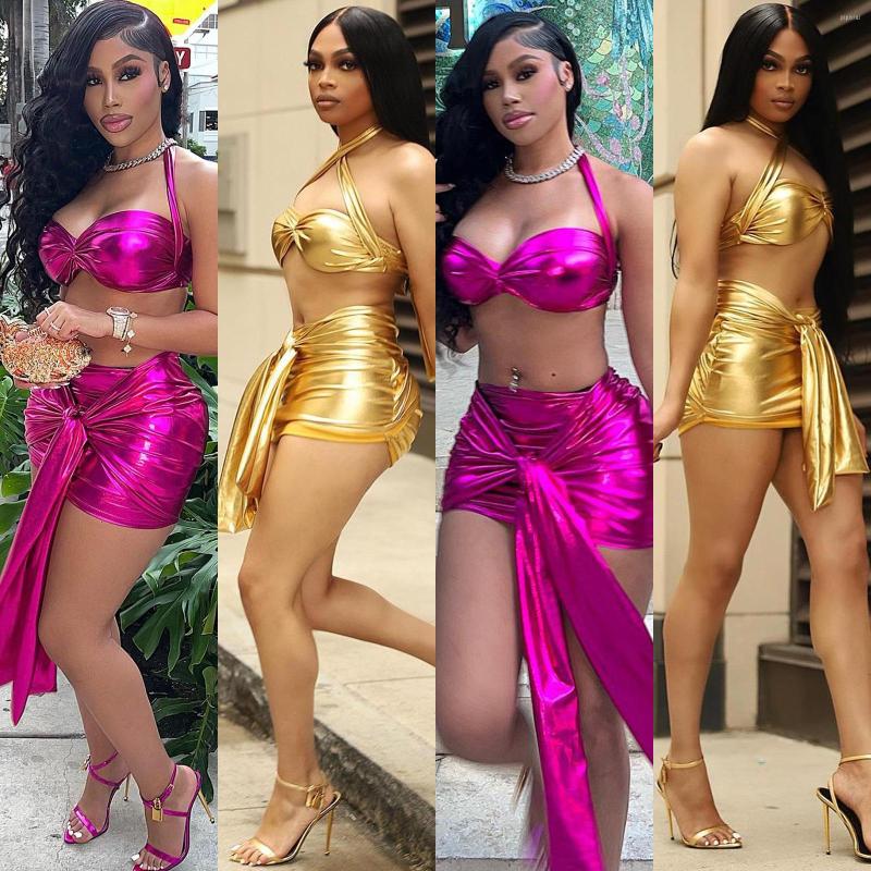 

Work Dresses Summer Streetwear 2 Two Peice Set Women Outfits 2023 Sleeveless Halter Corp Top Bandage Skirts Gold Matching Sets Female