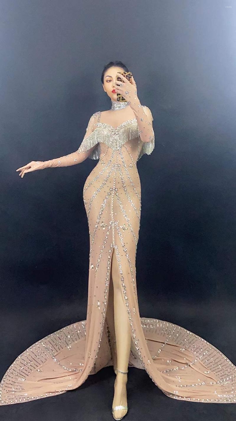 

Stage Wear Nude Shining Crystal Rhinestones Tassel Sexy Long Split Dress For Women Evening Wedding Clothing Singer Dance Costumes