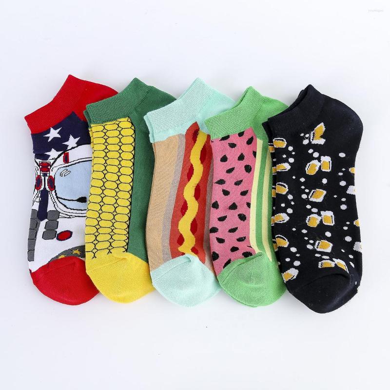 

Men's Socks 5 Pairs/lot Unisex Food Fruit Watermelon Corn Dog Beer Happy Cotton Ankle Funny Men Women Summer Casual, Dw005-5 pairs