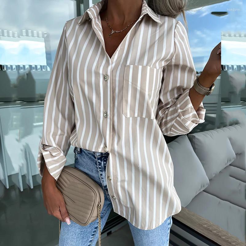 

Women' Blouses Spring Fashion Formal Occasion Commute Single Breasted Blouse Striped Long Sleeved Tops Office Lapel Pocket Loose Lady Shirt, 02 apricot