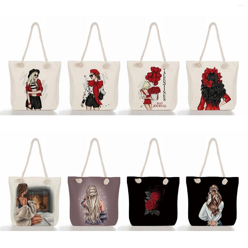 

Evening Bags Cartoon Coffee Girl Print Female Handbags Thick Rope Shoulder Bag Travel Beach High Capacity Women Eco Reusable Shopping, Ms4673 girl