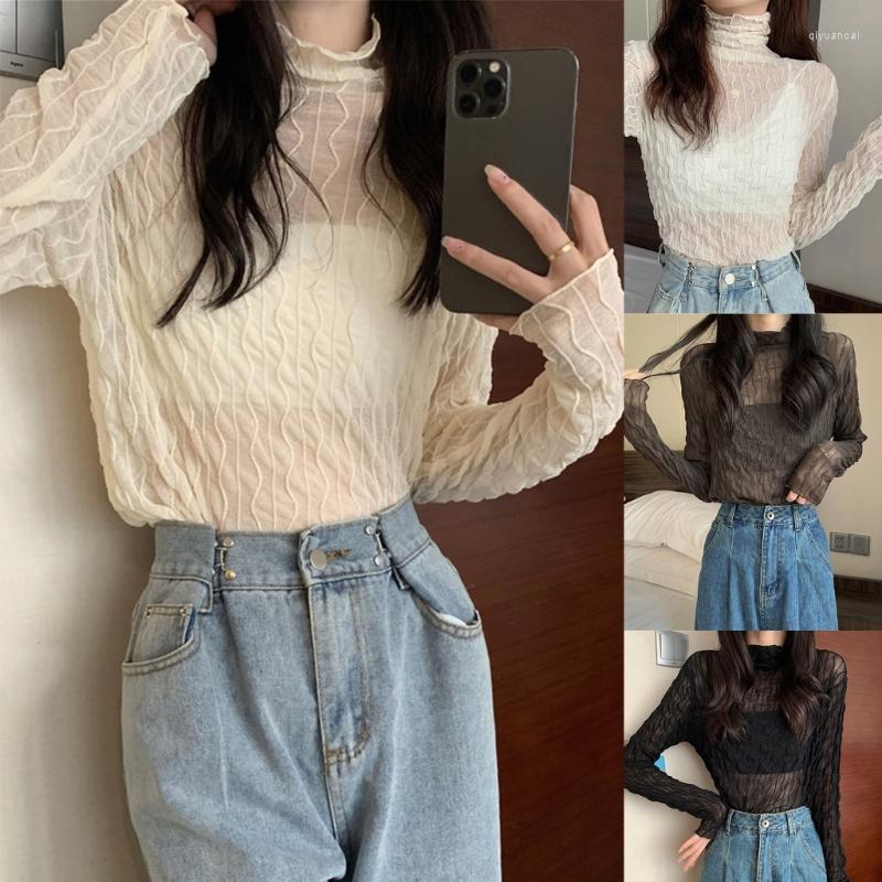 

Women's Sweaters Womens Streetwear Long Sleeve Lightweight Pullover T-Shirt Cropped High Collar Elegant Slim Basic Top Street Shirt, Brown