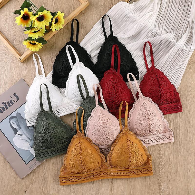

Bras Sets Women Lace Top Comfortable Bralette Solid Color Sexy Underwear Vest Female Hollow Out Wireless Lingerie Seamless Bra, White