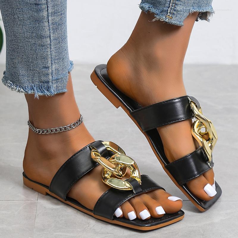 

Sandals 2023 Ladies Slippers Summer Fashion Metal Decorative Square Head Outer Wear Flat Soft Bottom Seaside Beach Flip-flops, Beige