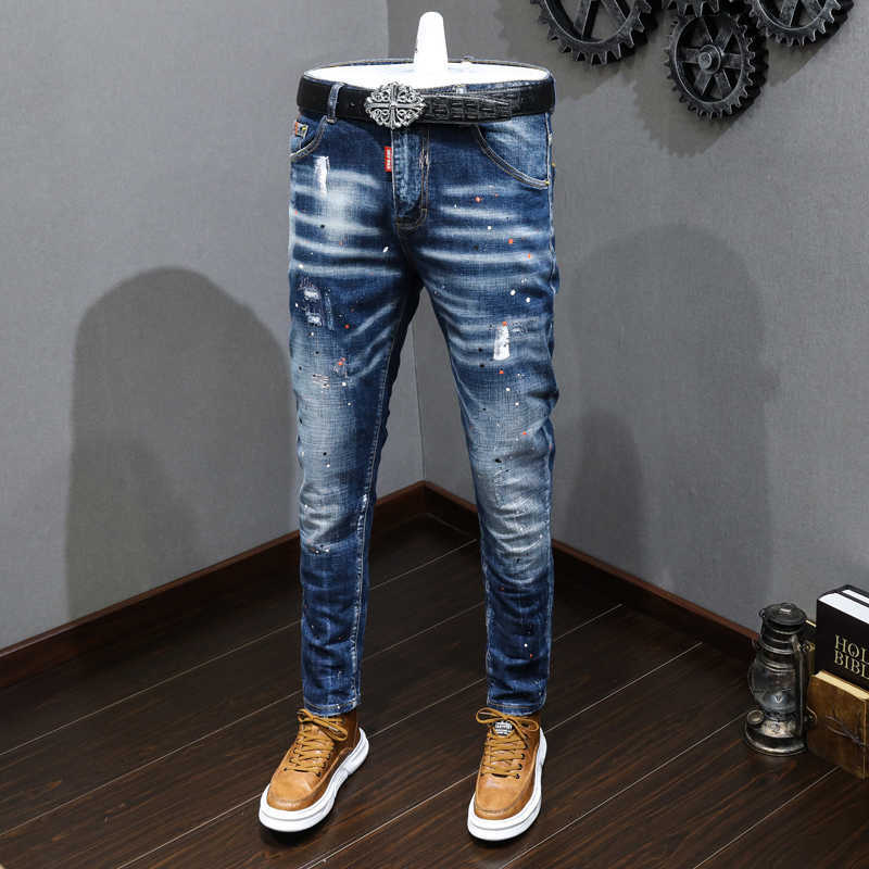 

Men's Jeans Fashion Designer Men Jeans Retro Blue Stretch Slim Fit Painted Ripped Jeans Men Korean Style Vintage Casual Denim Pants Hombre Y23, 920 retro blue
