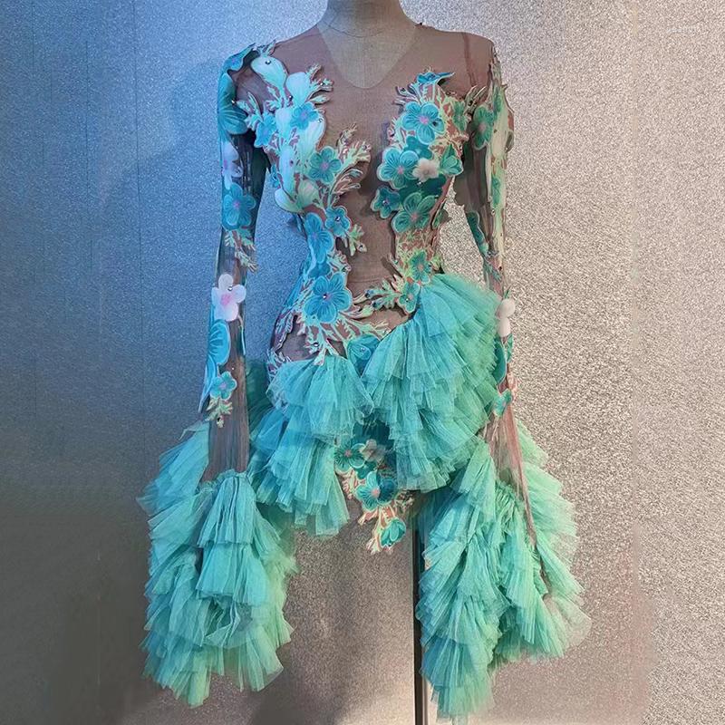 

Stage Wear Fashion Birthday Celebrate Festival Outfit Women Blue Lace Mesh Dress Sexy Evening Party Dresses Show Clubwear DWY8889, Picture shown