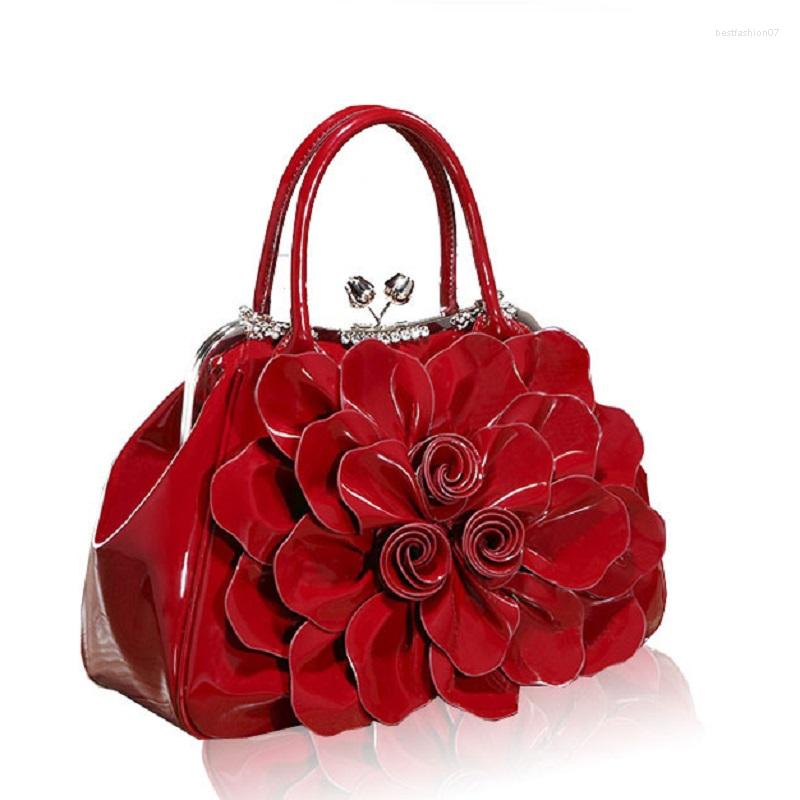 

Evening Bags 2023 Women Fashion Diamond Button Patent Leather Big Flowers Handbags Tote Bag Shoulder Party Club Wedding, Black