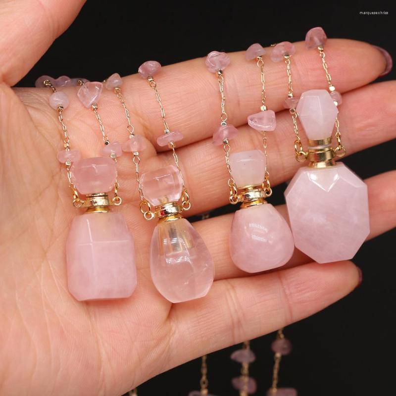 

Chains Charm Natural Stone Perfume Bottle Necklace Irregular Rose Quartz Pendant Charms For Elegant Women Love Romantic Gift