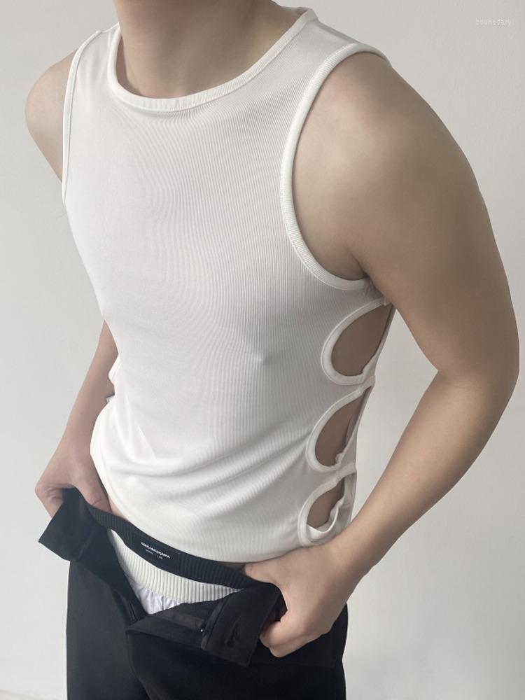 

Men's Tank Tops 2023 Personality Fashion Korean Vest Design Slim Style Round Top Collar Summer Casual Vests Sleeveless, Black