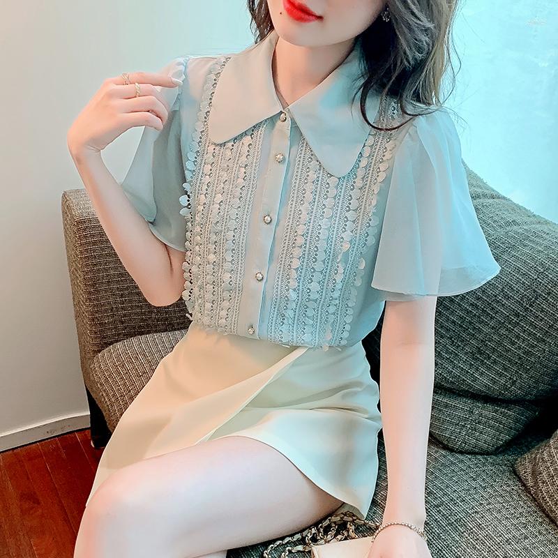 

Women' Blouses 2023 OL Clothing Summer Tops Patchwork Lace Shirt Doll Collar Ruffled Flying Sleeve Women Chiffon Blouse, Ph