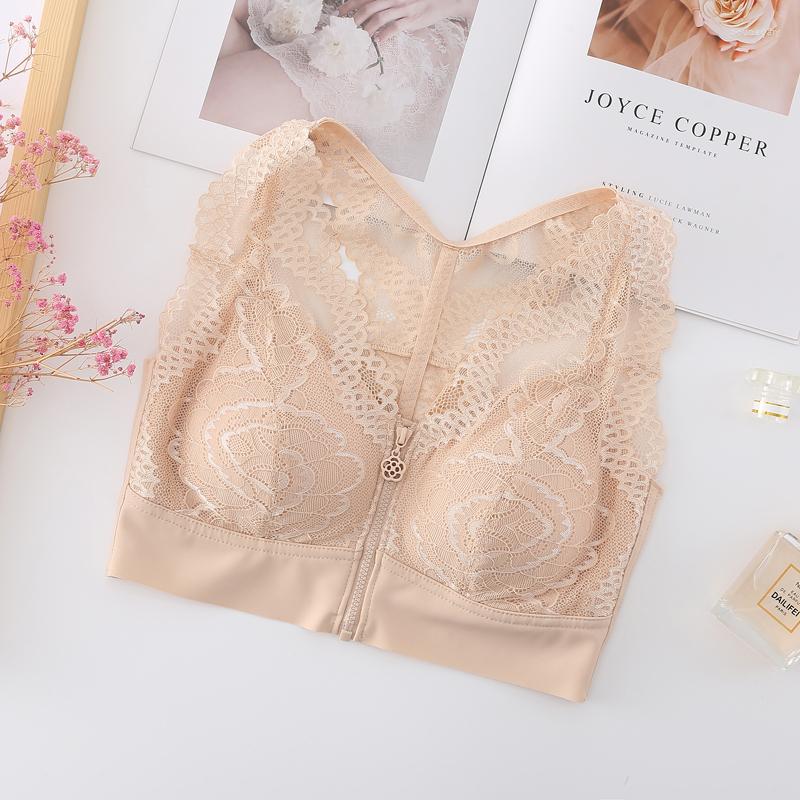 

Bras Female Vest Front Zipper Push Up Bra Full Cup Sexy Lace For Women Bralette Top Plus Size Seamless Wireless Gather Brassiere, Black